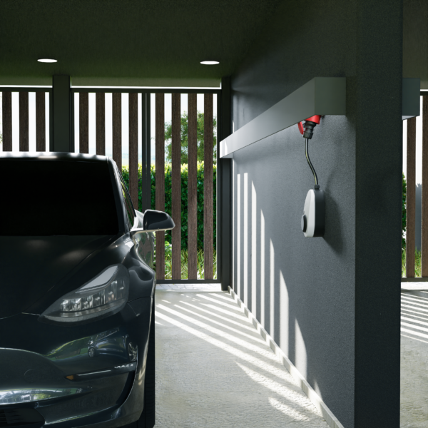 go-e Charger Gemini flex mobile Wallbox in Garage mit Tesla